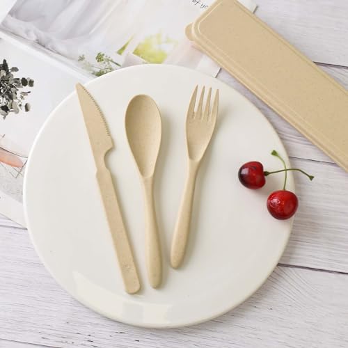 4 Pack Travel Utensil Set with Case, Reusable Spoon Knife Forks Tableware, Portable Cutlery for Adult Travel Picnic Camping or Birthday, Anniversary Use (Beige)