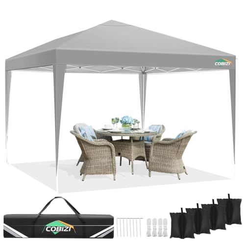 COBIZI 10x10 Pop Up Canopy Tent Without Sidewall, UPF 50+ Waterproof Outdoor Canopy, Instant Tent Portable Canopies Gazebo for Commercial Sun Shade Party Backyard with 4 Sandbags(Gray)