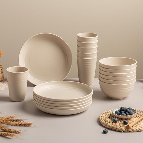 18PCS Wheat Straw Dinnerware Sets Kitchen Dinnerware Set Unbreakable Cups Plates and Bowls Set Lightweight Dish Set Microwave and Dishwasher Safe Dishes