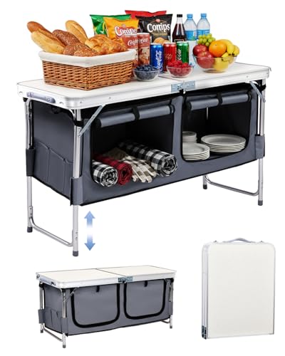 Outvita Folding Table, 4FT Aluminum Camping Table with Large Storage Space and Adjustable Height Picnic Table Lightweight for Carring Outdoor Party Events Beach - color: White, style: With gray storage bag