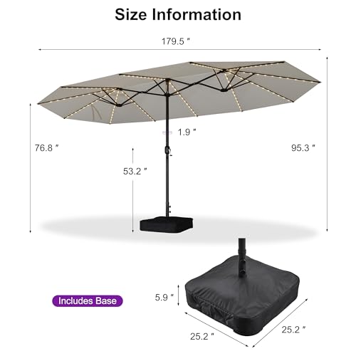 PURPLE LEAF 15ft Patio Market Umbrella with Solar LED and Base Double-Sided Rectangle Outdoor Table Sun Umbrellas with Crank for Pool Beach Deck Backyard Cream - color: Cream, size: 15' X 9' with Lights