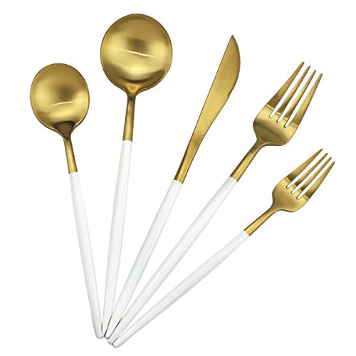 White Handle Matte Gold Silverware Set,Gugrida 5-Piece 18/10 Stainless Steel Satin Finish Flatware Set,Kitchen Utensil Set,Tableware Travel Cutlery Set for Camping Office Lunch, Dishwasher Safe - color: White Handle Gold, size: Service for 1