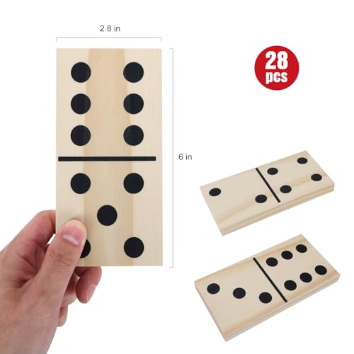 GOTHINK Giant Wooden Dominos Set for Adults and Kids,28pcs Jumbo Natural Wood Black-Dot Dominoes Tiles for Birthday/Holiday Family Party Games,Outdoor Camping Lawn and Backyard Activities 2-4 Players
