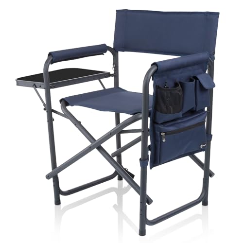 Picnic TIME Sports Chair with Side Table and Armrest Caddy, Lightweight Aluminum Folding Outdoor Camping Chair for Adults, Portable Director Style Lawn Seating with Pockets & Carry Strap, (Navy Blue) - color: Navy Blue