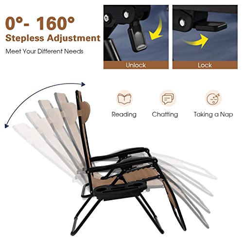 Goplus Zero Gravity Lounge Chairs, 160°Adjustable Folding Recliner w/Pillow and Cup Holder, 350LBS Comfy Outdoor Lounge Chairs for Patio, Lawn, Yard & Camp(1, Beige) - color: Beige, size: 35.4" x 25.2" x 43.3" (Set of 1)