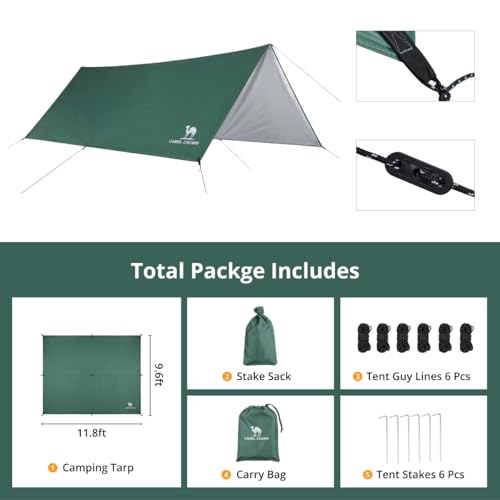 CAMEL CROWN Camping Tarp,3000mm Waterproof & UPF 50+ Sun Protection Rain Fly Tarp - Lightweight Portable Camping Shelter with Stakes, Guy Lines & Carry Bag, for Hiking Backpacking Beach Picnic Shade - color: Army Green