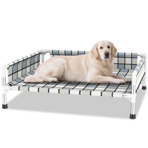 Elevated Raised Outdoor Dog Bed - Cooling Washable Dog Cot with Guardrail, Durable & Breathable Cotton Mesh Pet Hammock Beds with Stainless Steel Pipe Frame for Large Pets (34'' x 26'' x 12'') - size: 34'' x 26'' x 12''
