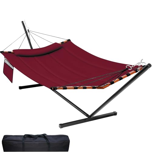 TegerDeger 12FT 2 Person Hammock with Stand Included 55 x 79IN Large Hammock 450LB Capacity with Hardwood Spreader Bar & Nylon Rope for Outside, Patio, Garden, Backyard, Beach - Deep Red - color: Red