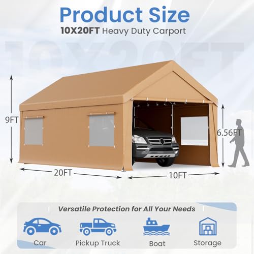Bezseller 10x20 FT Heavy Duty Carport Canopy with Removable Sidewalls, Portable Garage Tent with Roll-Up Windows & Doors, Car Port with All-Season Tarp for Cars, Trucks, Boats, Yellow - color: Yellow, size: 10 X 20