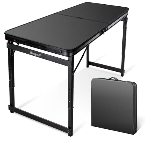 4FT x 2FT Folding Camping Table Adjustable Height with Umbrella Hole, Aluminum Alloy Legs Foldable Portable Outdoor Table for Picnic, Travel, Parties, Kids Craft, Market Vendor Use - size: 4 ft x 2 ft × 2.3 ft with Umbrella Hole H