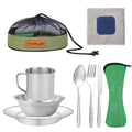 Stainless Steel Camping Cutlery Set - 8 Piece, Includes Spoons, Mugs, Bowls, Plates, Rags & Organizer Straps - Easy to Carry for Backpacking, Camping, Hiking and Picnics - color: Green