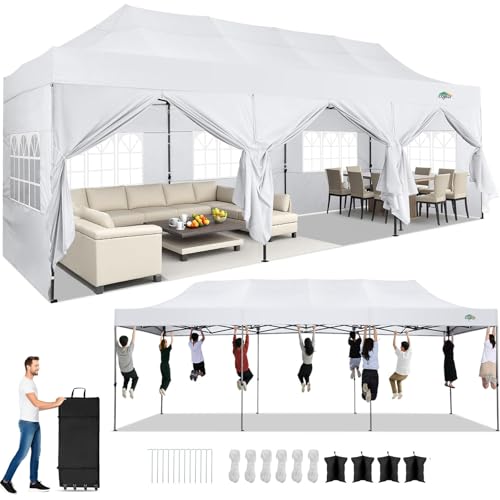 COBIZI 10x30 Heavy Duty Pop Up Canopy Tent with 8 Sidewalls Thicken Frame, Commercial Easy Up Outdoor Wedding Party Tents, All Season Waterproof Windproof with Stakes Sandbags Ropes Roller Bag, White - color: White, size: 10x30