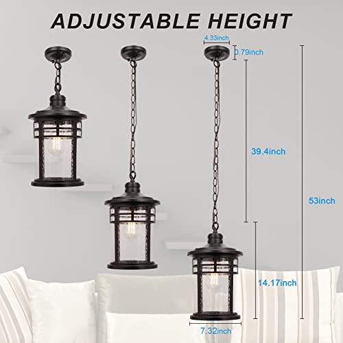 Darkaway Large Outdoor Pendant Lights, 15inch Outdoor Chandelier Hanging Porch Lights Outside Ceiling Mount Aluminum with Seeded Glass for Front Door Gazebo Patio (Large, Black) - color: Black, size: Large Size