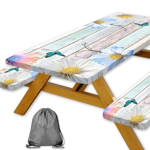 Rustic Daisy Flower Wooden Picnic Table Cover with Bench Covers, Farmhouse Flower Waterproof Wood Board Tablecloth for Patio Camping Outdoor Party Decorations with Drawstring Bag, 30X72in, 3PCS - color: Multi3, size: 72in