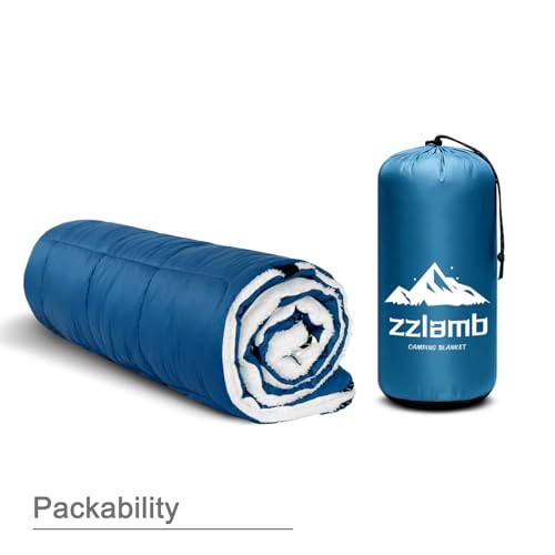 zzlamb Outdoor Camping Blanket with Sherpa Lining,Puffy Thick Camp Quilt for Sleeping,Packable Warm Wearable Fleece Blankets for Cold Weather,Traveling,Backpacking,Picnics,Beach,Stadium 52x75in - color: Royal Blue