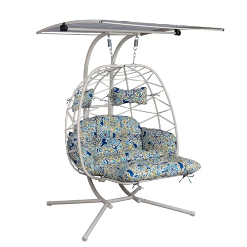 Double Egg Chair Outdoor with Stand & Canopy,Hanging Loveseat Hammock Swing Chair with Leg Rests & UV Resistant Cushion,Patio Swinging Chair,600LBS Capacity for Bedroom Balcony Garden - color: Double Chair & Footrest & Canopy, size: White Frame & Floral C