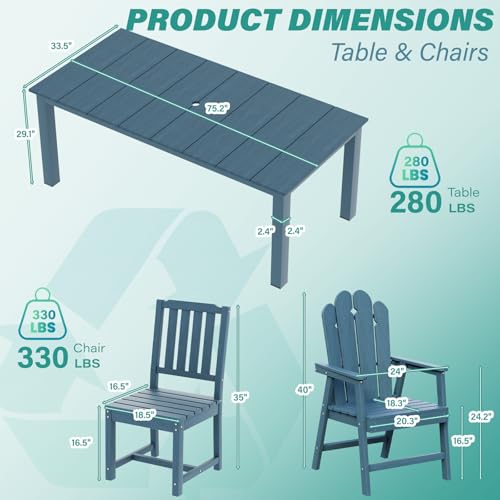 9-Piece Patio Dining Set, Outdoor Dining Set for 8, HDPE All-Weather Outdoor Furniture with 75.20” Umbrella Hole Table, 2 Armchairs & 6 Armless Chairs, Navy - color: Navy, size: 2 Armchairs & 6 Armless Chairs