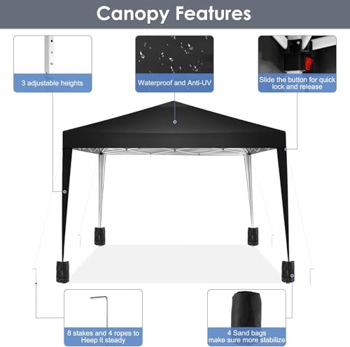 COBIZI Canopy 10x10 Pop Up Canopy Tent Party Tents for Parties Weddings Backyard Waterproof Canopy Outdoor Commercial Canopy Event Tent with Stakes, Ropes, Sandbags, Black - color: BLACK, size: 10x10FT without sidewall
