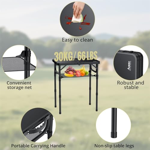 Anbte Folding Camping Table with Storage Net, Pure Black Aluminum 2ft Picnic Table 23.2" x 16" Outdoor Table Adjustable Height Max 27.5", Lightweight, Waterproof, Portable Handle for Travel Cooking - color: Pure Black, size: 24"L x 16"W x 27.5H"