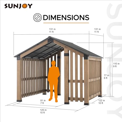 SUNJOY 11x11ft. Cedar Wood Gazebo with Six 5.5x5.5 in. Heavy Posts, Permanent Hard Top Pavilion with Wooden Privacy Screen for Backyard Hot Tub, Ceiling Hook - Outdoor Patio, Matte Black - style: Gazebo w/Privacy Screen