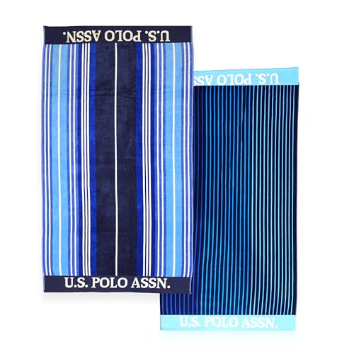 U.S. Polo Assn. 2-Pack Luxury Plush Cotton Oversized (40" x 70") Beach Towels, Striped Nautical Design, Hotel Quality for Bath & Pool- Blue/Teal - color: Blue/Teal, size: 40" x 70"