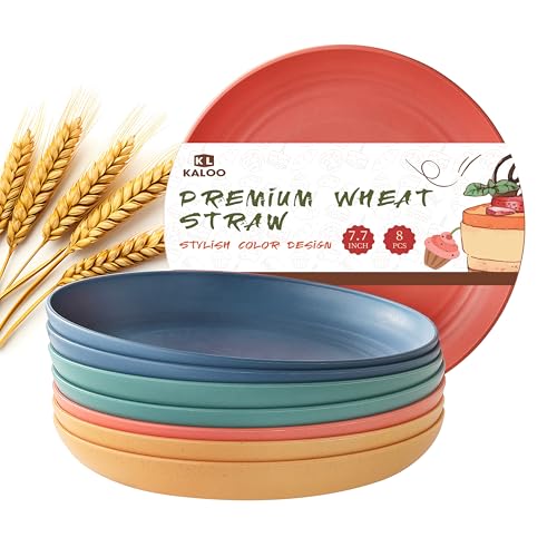 8 PCS Wheat Straw Plates, Kaloo 7.7 Inch Melamine Reusable Plastic Unbreakable Dinner Plates for kitchen, Dishwasher & Microwave Safe (4 colors)