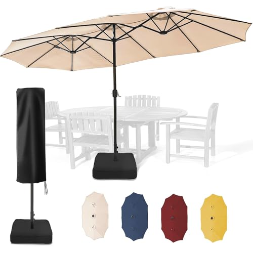 Sundale Outdoor 15ft Large Patio Umbrella with Base Included and Umbrella Cover, Outdoor Double-Sided Umbrella - color: Off-white