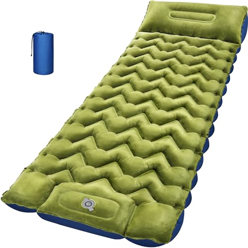 4" Thick Double-Sided Camping Sleeping Pad | Warm Velvet Top, Waterproof Nylon Bottom | Inflatable Mattress for Backpacking & Cold Weather - color: Crystal Velvet Green+blue Nylon