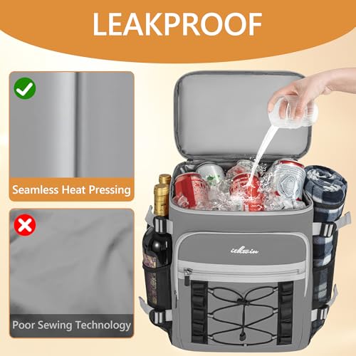 Cooler Backpack, 40 Cans Insulated Lunch Backpack Picnic Backpack for Men&Women, Durable Cooler Bag with 2 Leak Proof Compartments for Picnic, BBQ Camping, Lunch, Beach, Hiking, Gray - color: Gray