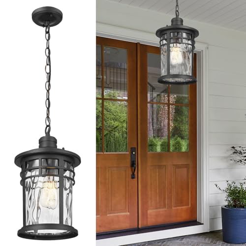 Darkaway Large Outdoor Pendant Lights for Porch, 15inch Outdoor Chandelier Hanging Porch Lights Outside Ceiling Mount Aluminum with Water Ripple Glass for Front Porch Gazebo Patio - color: Black-Water Ripple Glass, size: Large Size