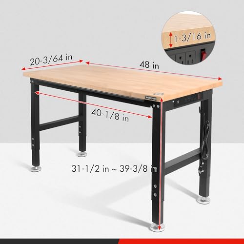 WORKPRO 48" Adjustable Workbench, Rubber Wood Top Heavy-Duty Workstation, 2000 LBS Load Capacity Hardwood Worktable with Power Outlets, for Workshop, Garage - size: 4FT workbench