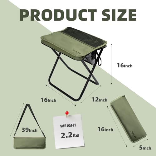 16" Extra Tall Portable Folding Stool for Adults, X-Large Collapsible Camping Chair with 3 Storage Pockets, Heavy Duty Travel Seat for Fishing, Hiking, Gardening - color: Green