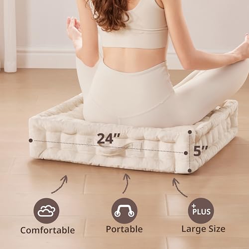 Intelligent Design Large Floor Pillow for Adults Yoga or Meditation Cushion with Handle, Floor Cushion for Board Games, Lustrous Chenille Tufted, Handsewn Scalloped Edge, Azza, 24" x 24" x 5" Ivory - color: Square Ivory With Handle, size: 24"W x 24"L x 5"