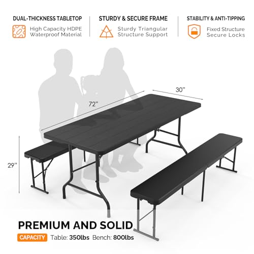 Bonnlo Black Folding Picnic Table Set with 2 Benches, 6 Feet Camping Table Chair Set, Modern Portable 3-Piece Furniture for Indoor/Outdoor Use, White Folding Picnic Table with Smooth Tabletop - color: Black