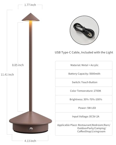 Modern Cordless Table Lamp Set of 2, Portable LED Desk Lamps, 5000mAh Rechargeable Battery Operated Lighting for Bedroom Dining Room Restaurant Coffee Shop Camping Night Light (Brown) - color: Brown (2 Pack)