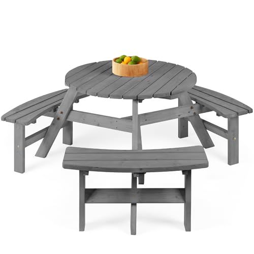 Best Choice Products 6-Person Circular Outdoor Wooden Picnic Table for Patio, Backyard, Garden, DIY w/ 3 Built-in Benches, 500lb Capacity - Gray - color: Grey