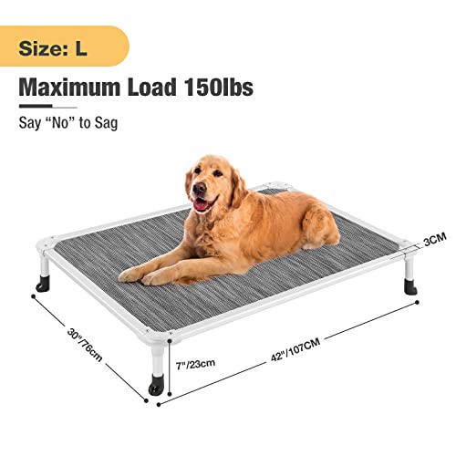 Veehoo Chew Proof Elevated Dog Bed - Cooling Raised Pet Cot - Silver Aluminum Frame and Durable Textilene Mesh Fabric, Unique Designed No-Slip Feet for Indoor or Outdoor Use, Black Silver, Large - color: Black Silver, size: 42.0"L x 30.0"W x 7.0"Th