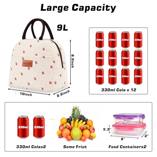 BALORAY Lunch Bag for Women Men Insulated Lunch Box for Adult Reusable Lunch Tote Bag for Work, Picnic or Travel (Corduroy Beige with Strawberry) - color: Corduroy Beige with Strawberry, size: M