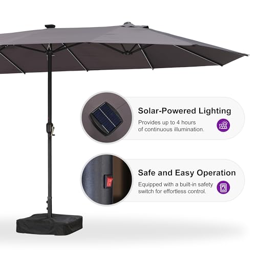 PURPLE LEAF 13ft Patio Market Umbrella with Solar LED and Base Double-Sided Rectangle Outdoor Table Sun Umbrellas with Crank for Pool Beach Deck Backyard Gray - color: Gray, size: 13' X 7' with Lights