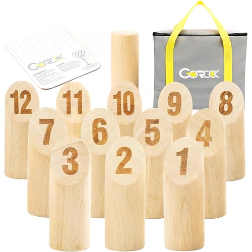 Gorock Numbered Block Toss Games, Wooden Bowling Throwing Game Set with Scoreboard & Carrying Bag, Giant Outdoor Backyard Lawn Games for Adults Family
