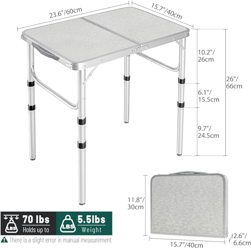 REDCAMP Small Camping Table 2 Foot, Portable Aluminum Frame Folding Table Adjustable Height Lightweight for Picnic Beach Outdoor Indoor, White 24 x 16 inch (3 Heights) - size: 2-Feet (3 heights 10"/19"/26")