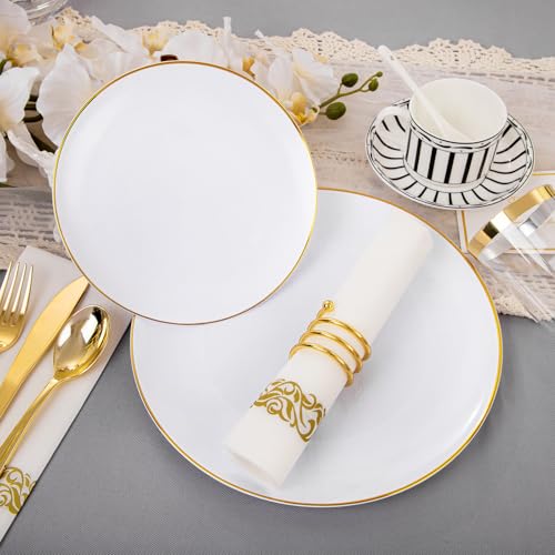 Supernal 350pcs White and Gold Plastic Plates,Gold Plastic Dinnerware for 50 Guests Include 100 White Disposable Plate, 150 Gold Silverware Set, 50 Disposable Cups, 50 Napkins - color: 350pcs White Plastic Plates with Gold Rim