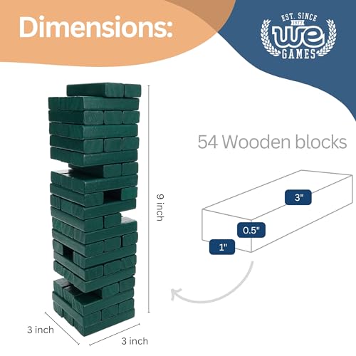 WE Games Wooden Block Stacking Party Game for Adults, Tumble Tower Wedding Guest Book Alternative, Tabletop Games, Includes Storage Case, 12 inches - color: Green