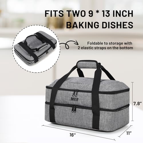 MIER Insulated Casserole Carrier Fits 9"x13" Baking Dishes/Foil Pans, Double Food Carriers Bag Thermal Holder for Hot or Cold Food Lasagna Lugger Potluck Parties Picnic Travel, Gray - color: Gray, size: 16 x 11 x 7.8 inches