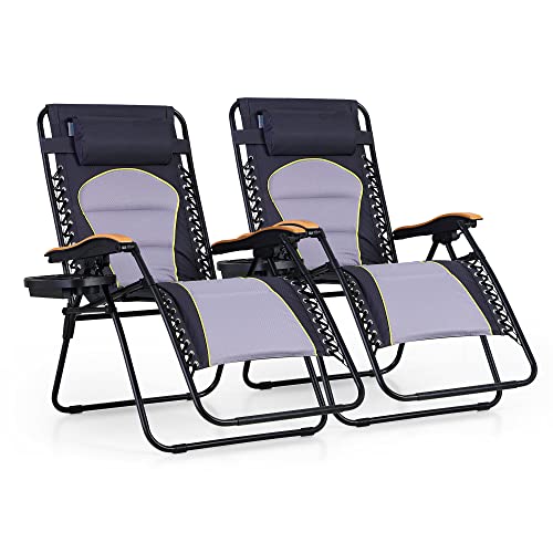 PHI VILLA XXL Oversized Padded Zero Gravity Chair Set of 2, Foldable Patio Recliner, 30" Wide Seat Anti Gravity Lounger with Armrest and Cup Holder, Support 400 LBS (Grey Accents) - color: Gray Accents, style: 2 Pcs