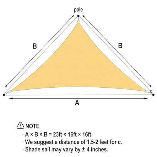 Vensovo Sun Shade Sail Triangle 16' x16' x23' Permeable Canopy - UV Block Sunshade for Patio, Garden, Backyard, Deck (Yellow) - color: Yellow, size: 16ftx16ftx23ft