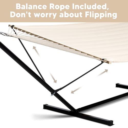 SUNCREAT Hammocks Extra Large Double Hammock with 12 ft Stand, 475lbs Capacity, Outdoor Portable Hammock with Hardwood Spreader Bar, Extra Large Pillow, Beige - color: Beige, size: 12 ft Stand