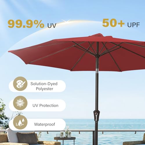 MEWAY 9ft Patio Umbrella Outdoor Table Umbrellas with Push Button Tilt and Crank, Market Umbrella 8 Sturdy Ribs for Deck, Garden, Pool and Backyard, Red - color: Red, size: 9ft