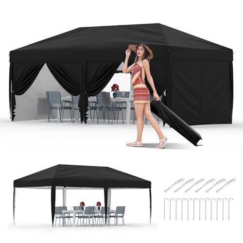 10X20 Pop Up Canopy Tent with 6 Sidewalls – Heavy Duty Commercial Instant Shelter, One-Person Quick Setup Outdoor Party Tent, Water-Resistant & Portable, Black - color: Black