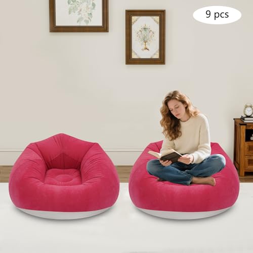 9-Pack Inflatable Sofa Set with 2 Foot Pumps – Portable Air Lounger Chairs for Adults, Heavy Duty Flocking Fabric Camping Couch, Indoor/Outdoor Use, Supports 265 lbs (Red) - color: Red